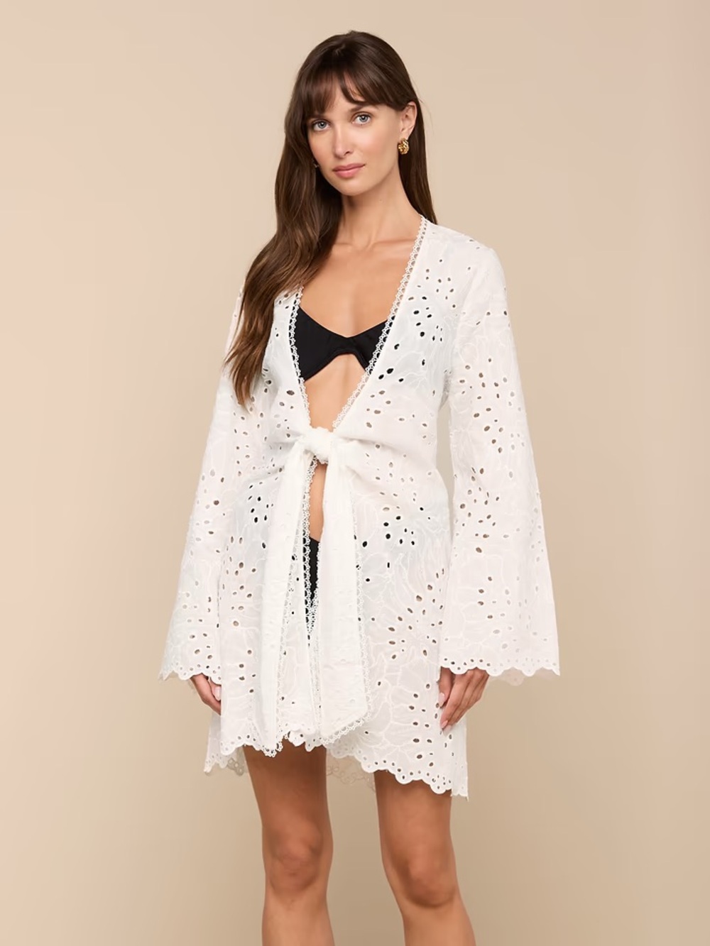 L'AGENCE Navaeh Cover-Up Kimono White Eyelet Tie-Front Swim Coverup